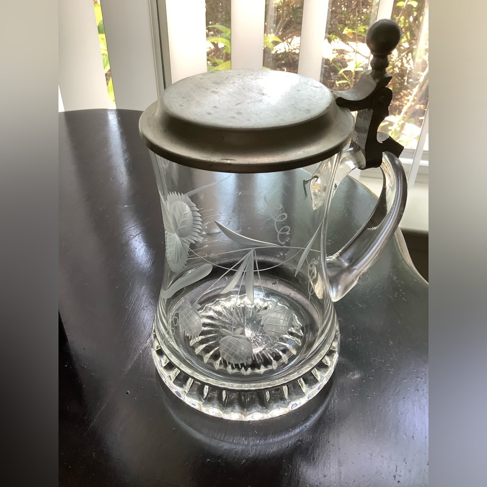 Vintage Etched Glass Beer Stein With Pewter Lid